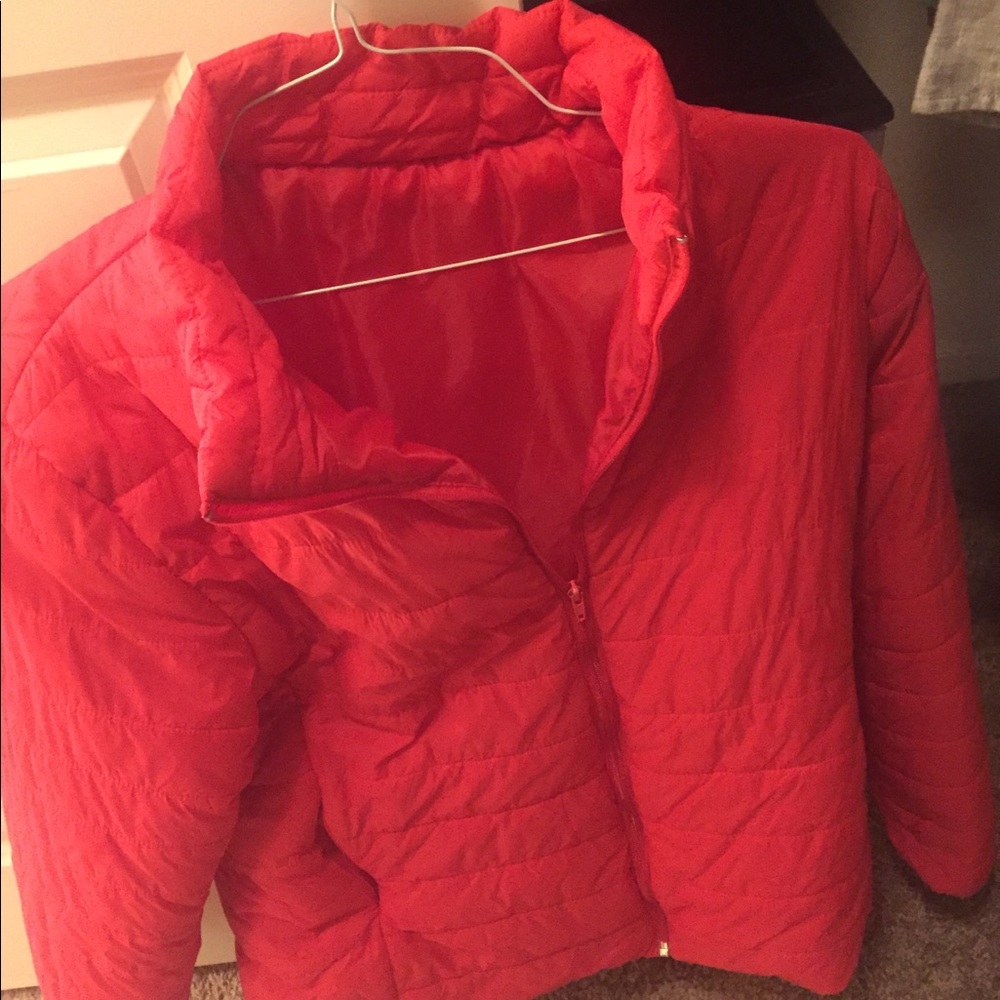 Red puffer jacket